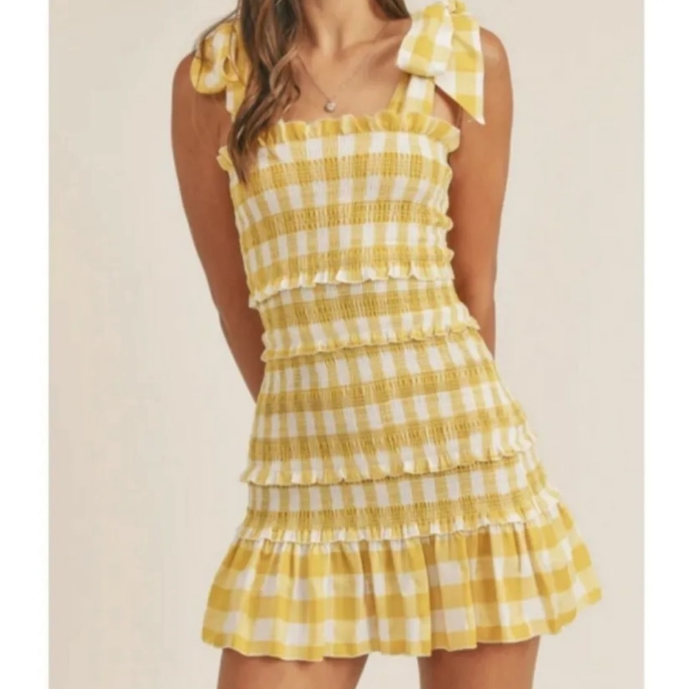 NEW Sincerely Jules Yellow Gingham Smocked Ruffle Tiered Tie Shoulder Mini Dress